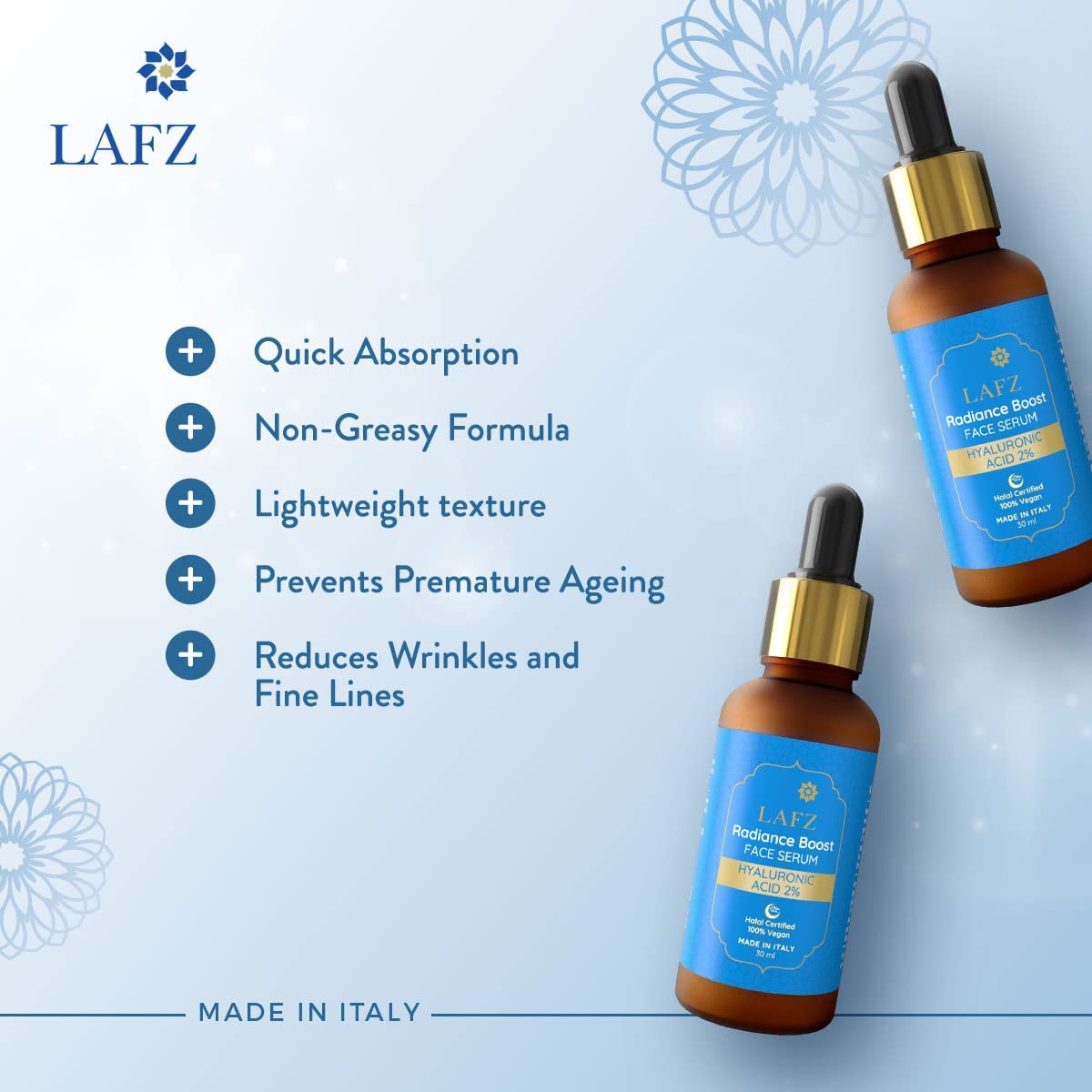 LAFZ Radiance Boost Face Serum – Hyaluronic Acid 2%. Boosts Skin Hydration and Gives a Radiant Look. Deep-Acting Formula That Smoothens Fine Lines and Wrinkles. Lightweight Non-Sticky – 30ml