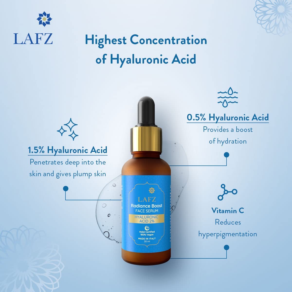 LAFZ Radiance Boost Face Serum – Hyaluronic Acid 2%. Boosts Skin Hydration and Gives a Radiant Look. Deep-Acting Formula That Smoothens Fine Lines and Wrinkles. Lightweight Non-Sticky – 30ml