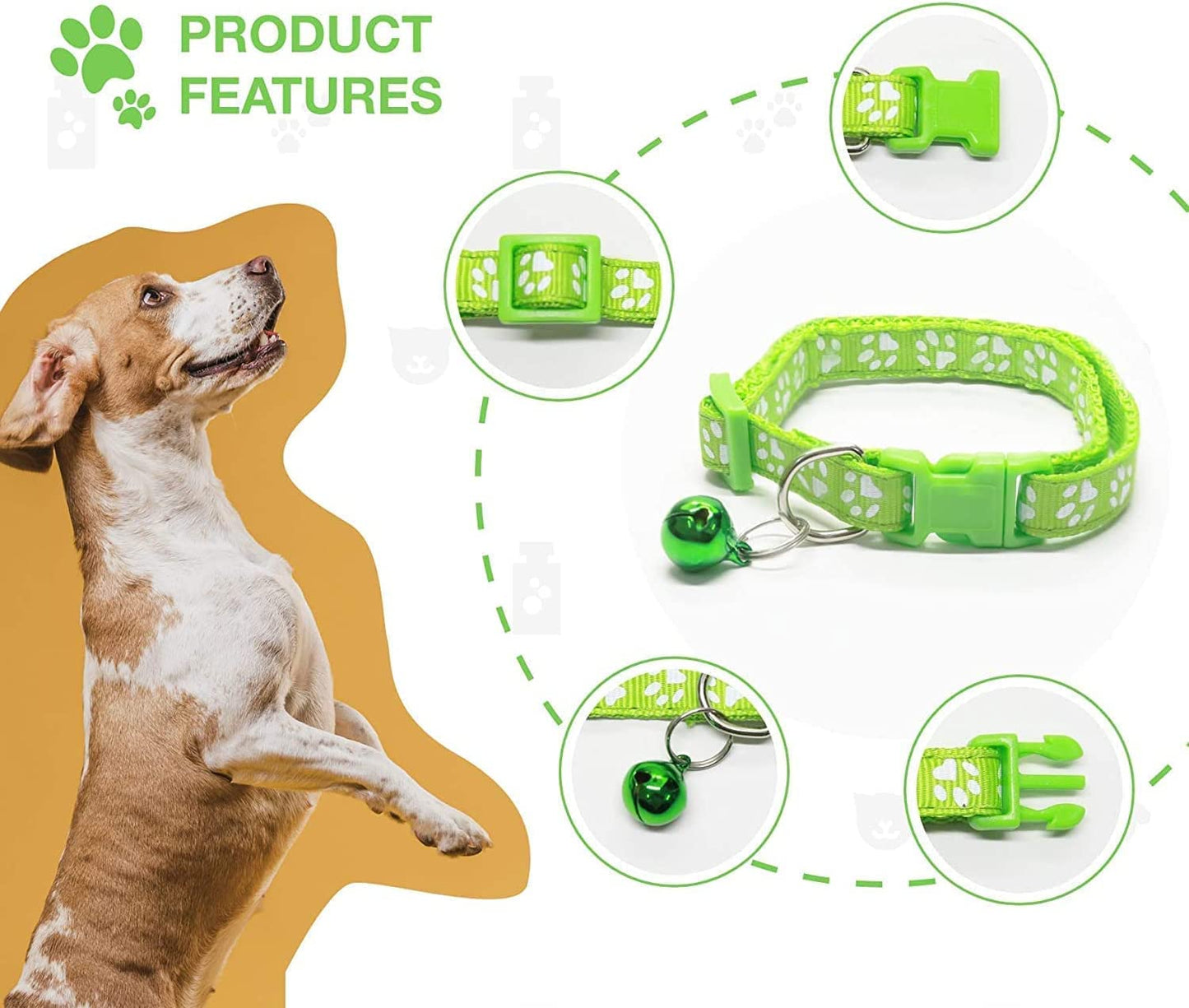 Dog/Cat Bell Collar, Adjustable Nylon Buckle Necklace for Small Medium Dog Cat Pet (Green)