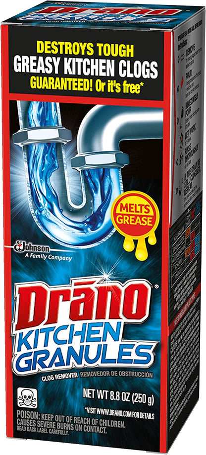 Drano Kitchen Granules Drain Clog Remover and Cleaner, Unclogs blockage from Grease or Cooking Oil, 8.8 oz